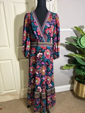 Donna Morgan Teal and Pink Floral Wrap Maxi Dress